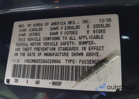 2006 Honda Accord 3.0 Ex z USA, uszkodzony, nr VIN 1HGCM66526A029964